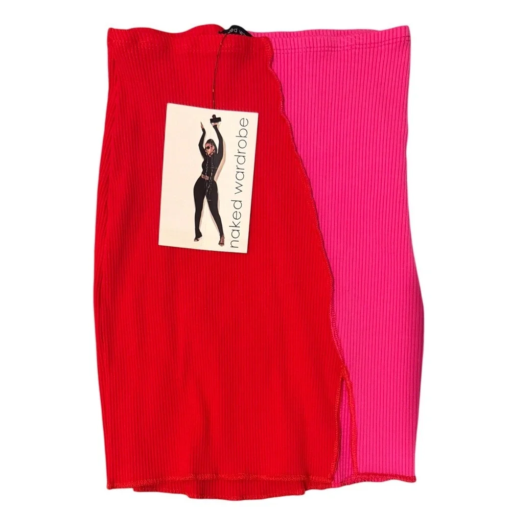 Naked Wardrobe Colorblock Ribbed 2 Piece Skirt Set Womens XS Pink Red